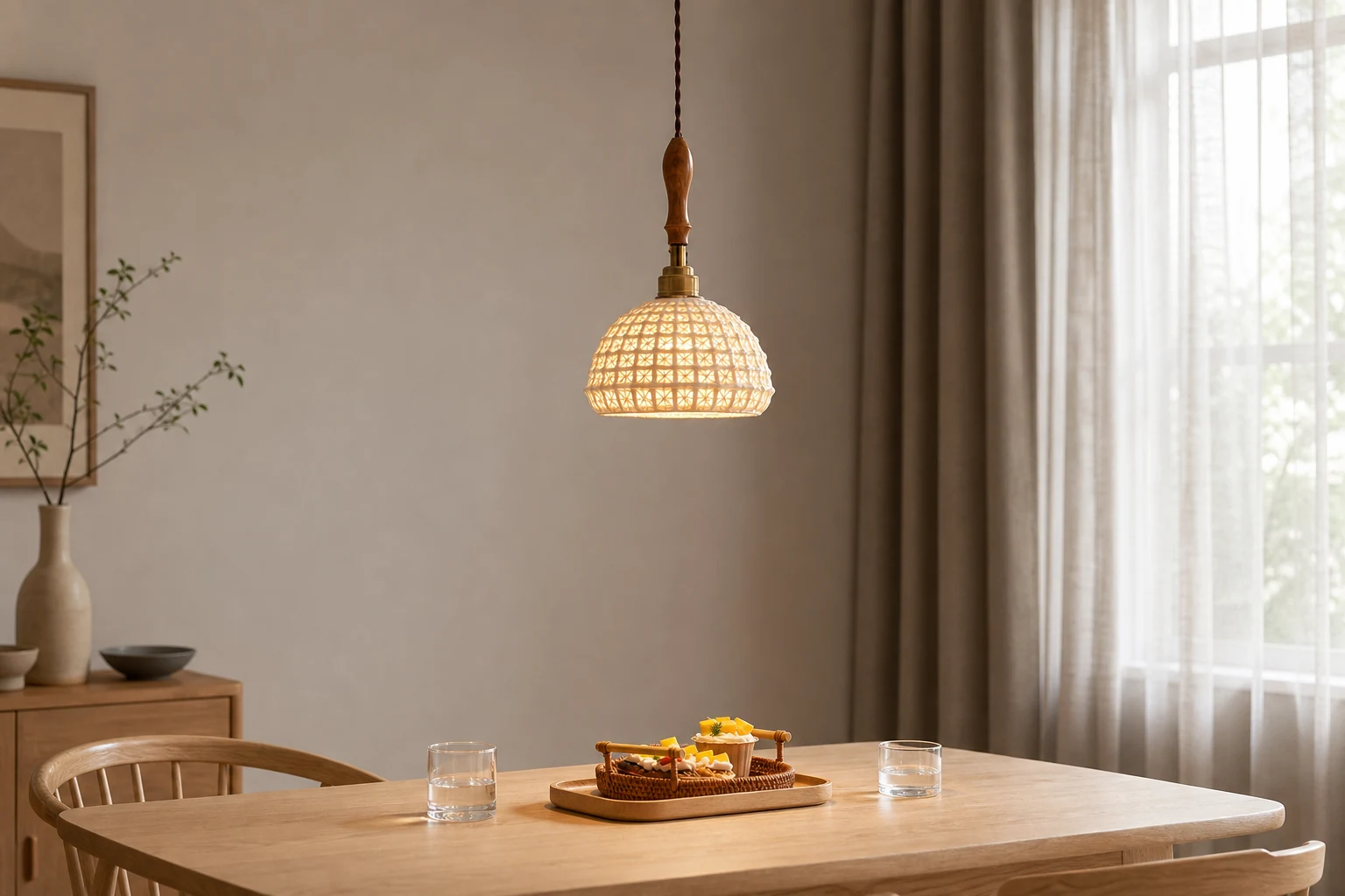 Scena lifestylowa przedstawiająca lampę wiszącą z ceramicznym warkoczem w kontekście