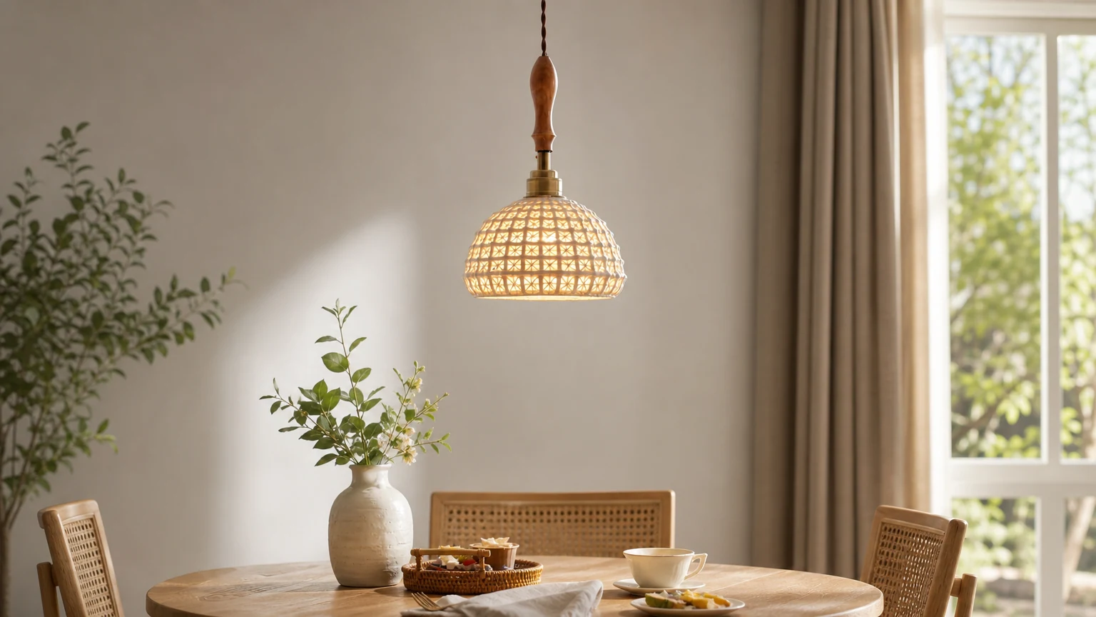 Lampa wisząca z ceramicznym warkoczem D867 w ciepłym pomieszczeniu
