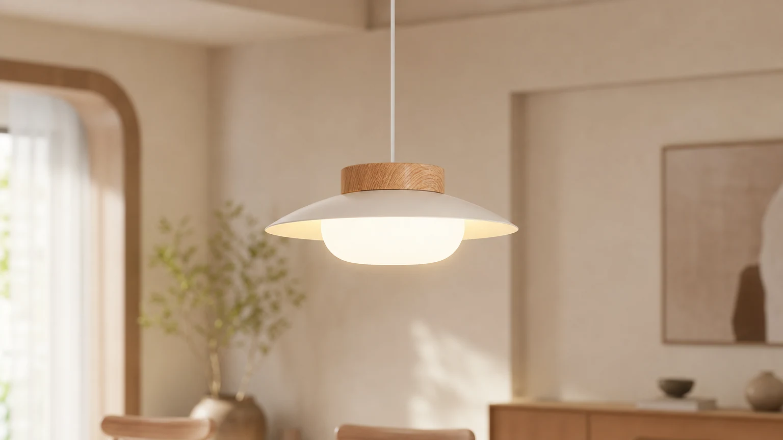 Lampa wisząca Creamy Light D858 w ciepłym wnętrzu Japandi