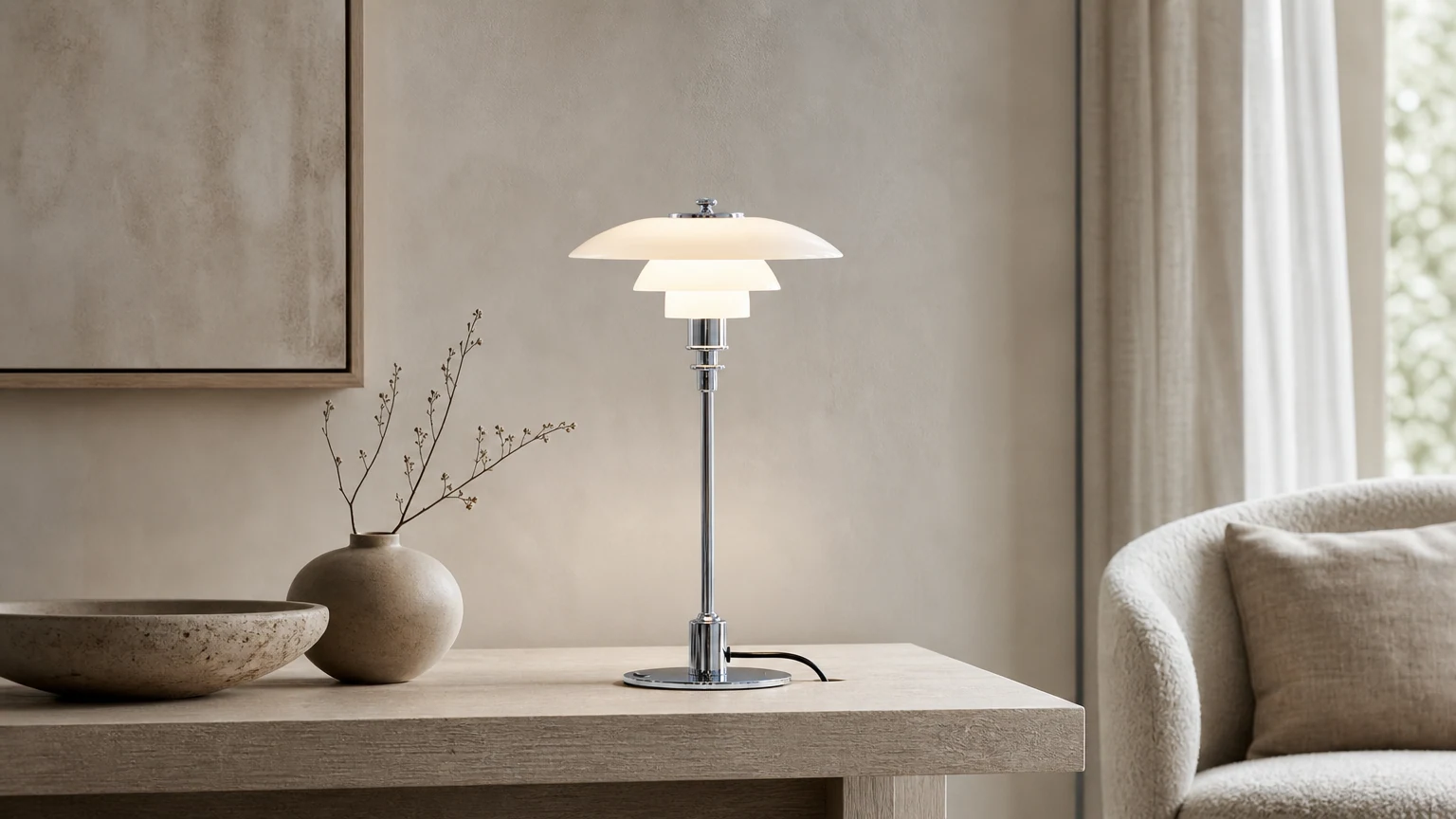 Dansk skiva i flerskiktad metall bordslampa i en lugn nordisk inredning