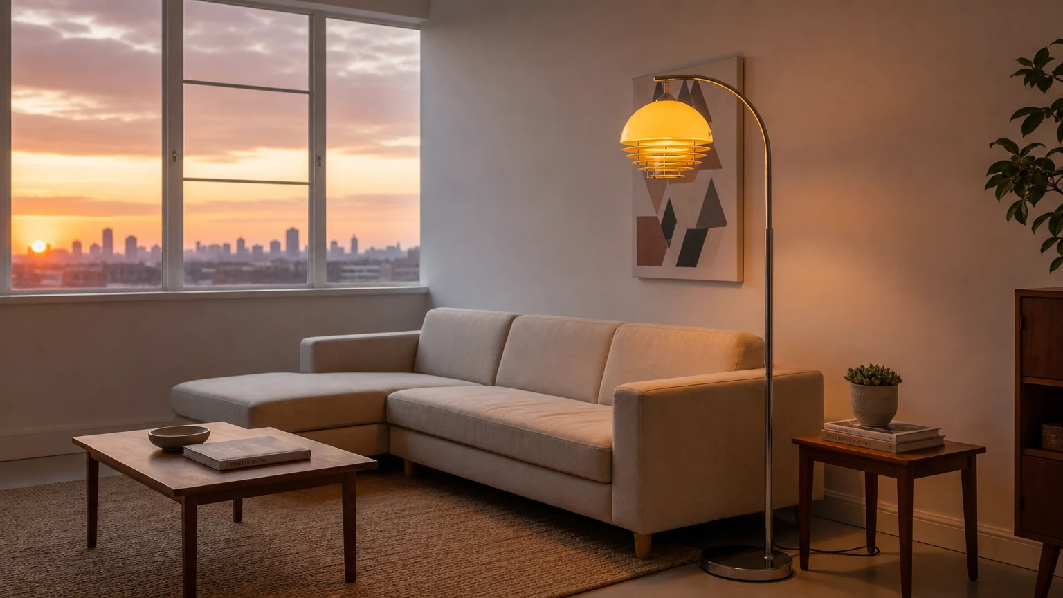 Lampa podłogowa Bauhaus z akrylu i szkła Sunset w ciepłej scenie salonu