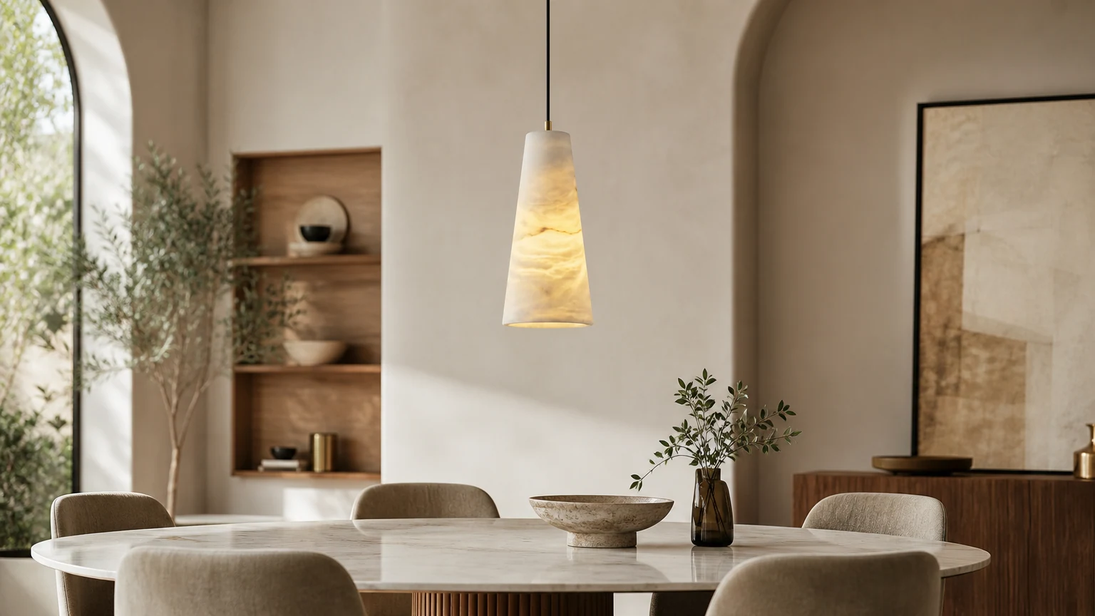 Lampa wisząca Aurora Pillar Alabaster zainstalowana w ciepłym wnętrzu