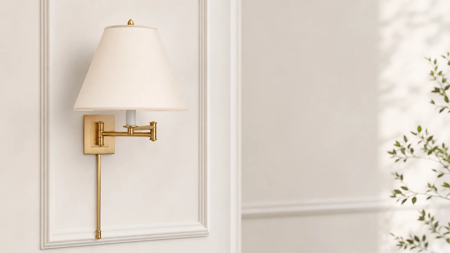Lampa z wahadłowym ramieniem z mosiężnym złączem zainstalowana na ścianie sypialni