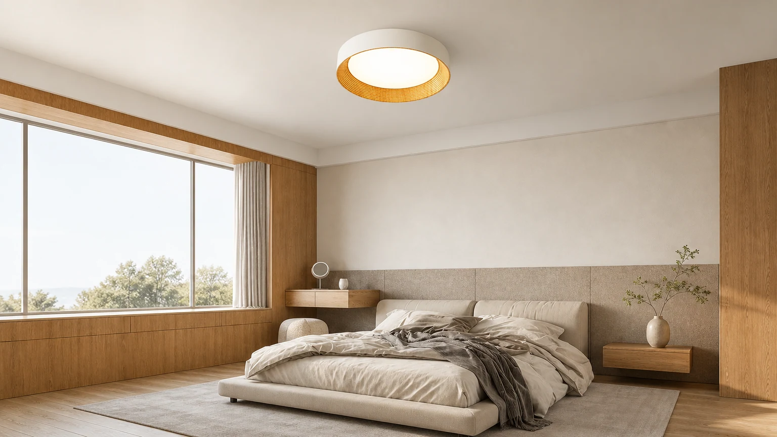 Minimalistyczna okrągła lampa sufitowa LED Cedronis zainstalowana w ciepłym, nowoczesnym pomieszczeniu