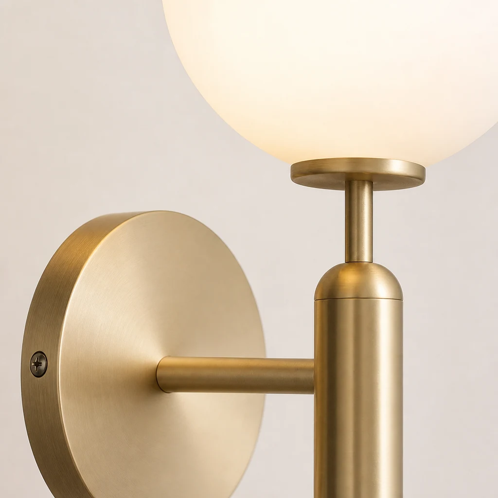Zbliżenie na szklany klosz lampy ściennej Milky Glow i metalowe wykończenie