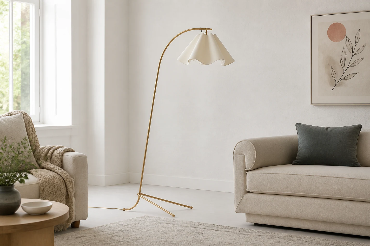 Lampa podłogowa Oslan z kloszem w kształcie muszelki, stylizowana na ciepłe wnętrze