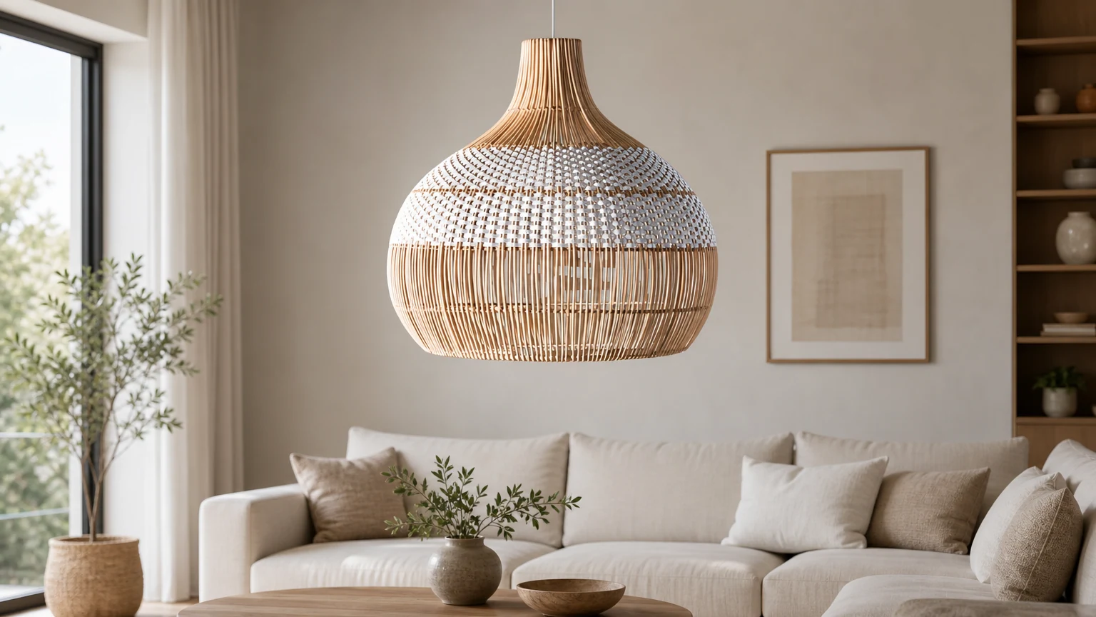 Lampa wisząca Breezy White Elegance Natural Rattan D842 w ​​jasnym wnętrzu