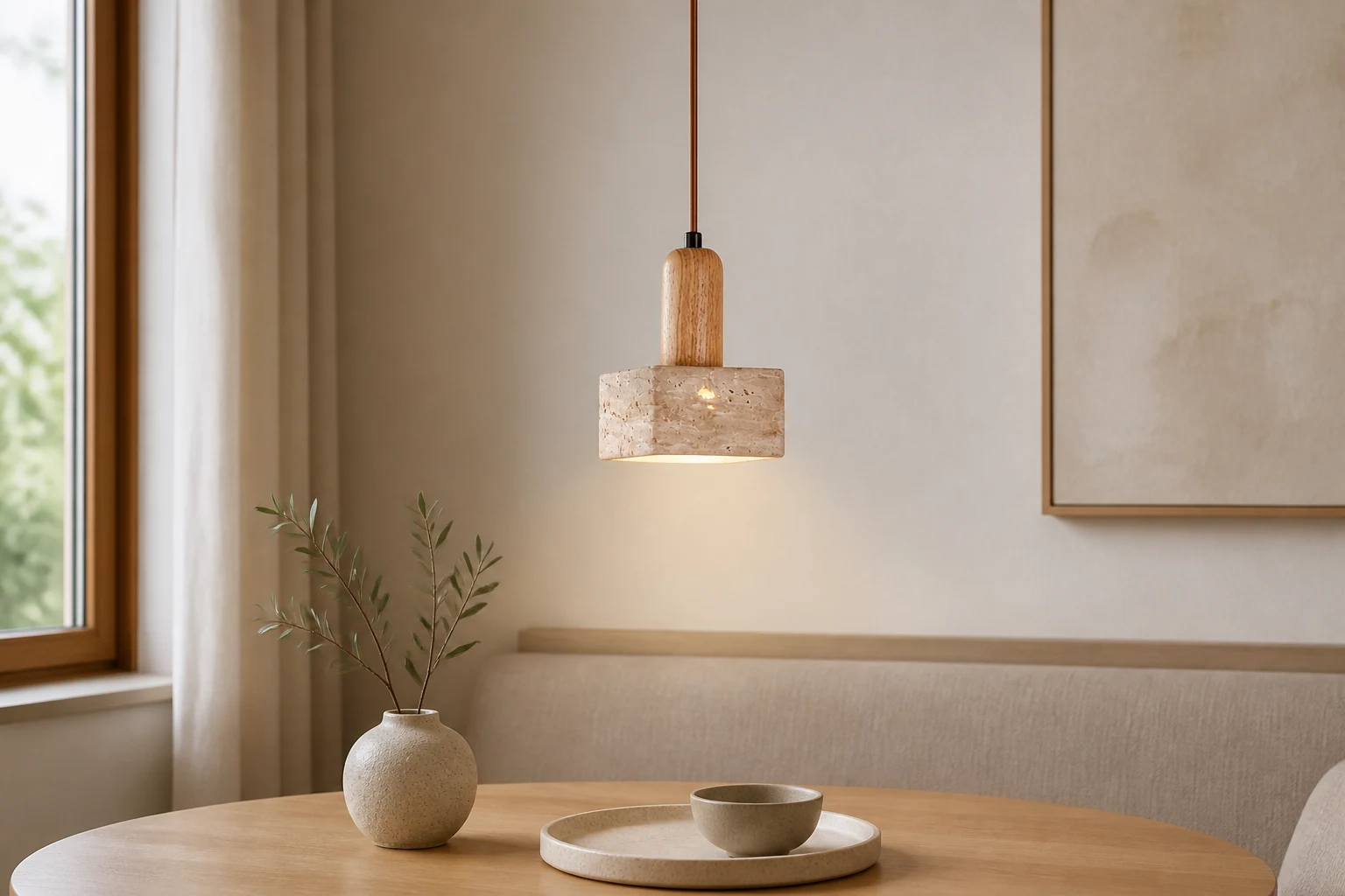 Trawertynowa kwadratowa lampa wisząca D933 w pomieszczeniu lifestylowym