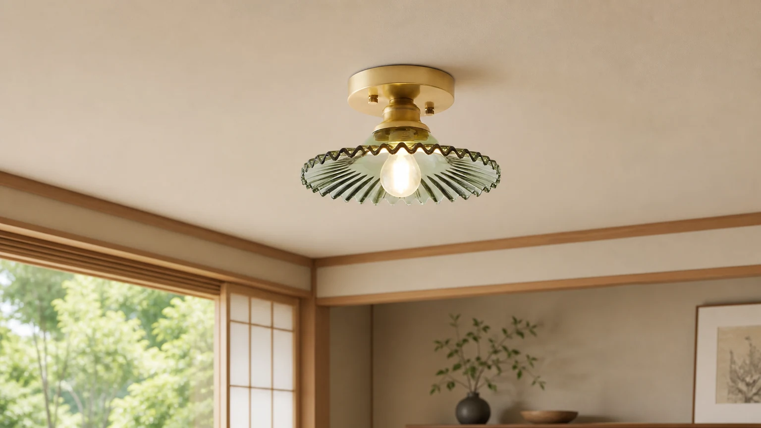 Japońska szklana lampa sufitowa Retro S60 w ciepłej oprawie wnętrza