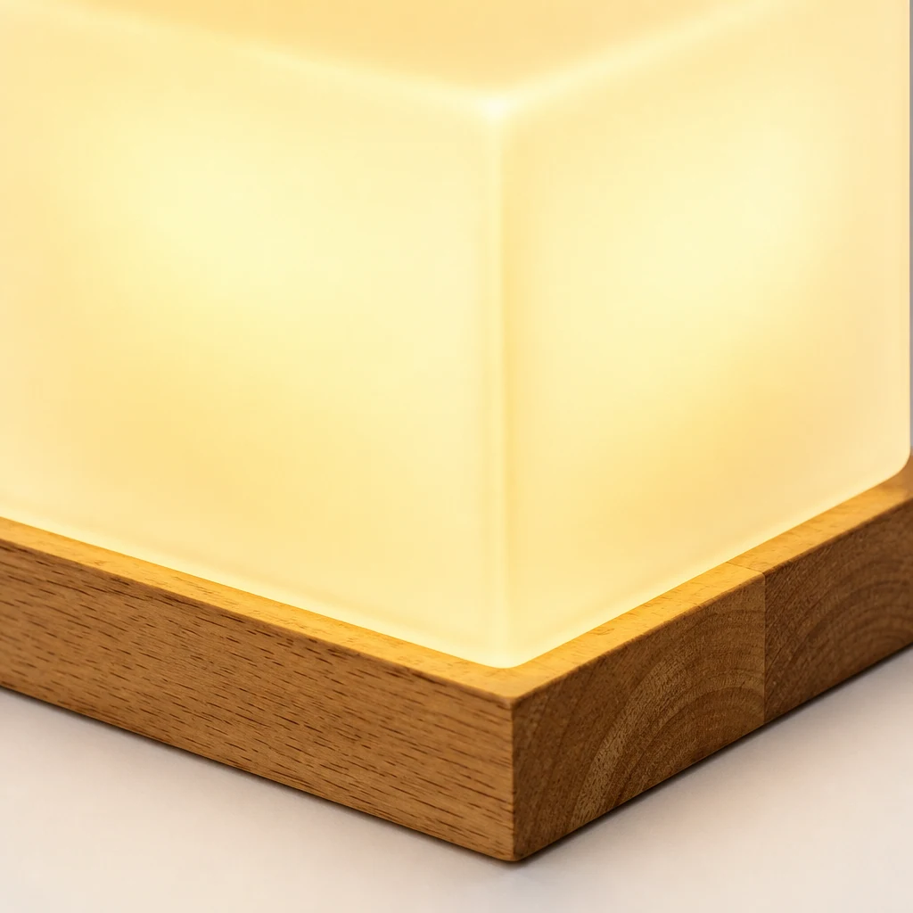 Närbild på COZY LED-bordslampan i trä och glas