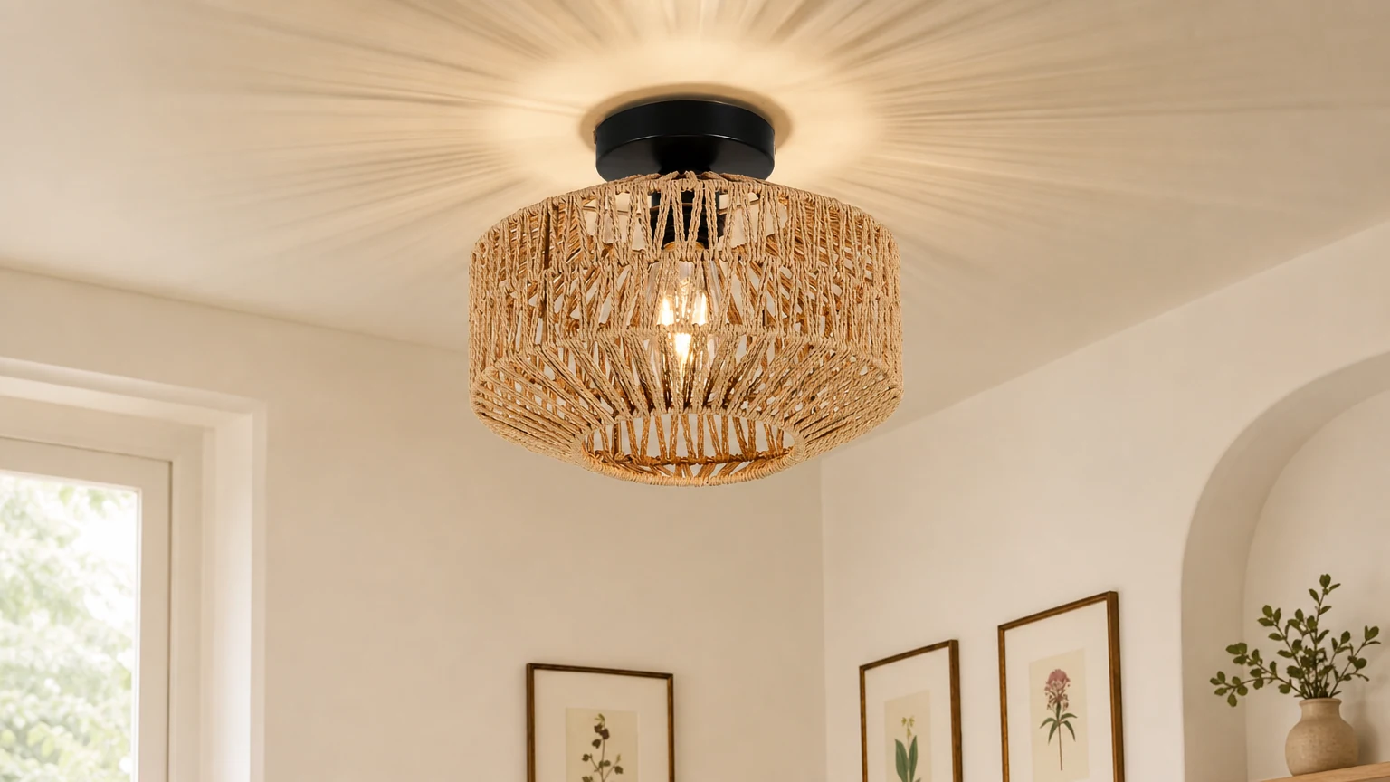 Plafonnier en rotin tressé installé dans un intérieur chaleureux