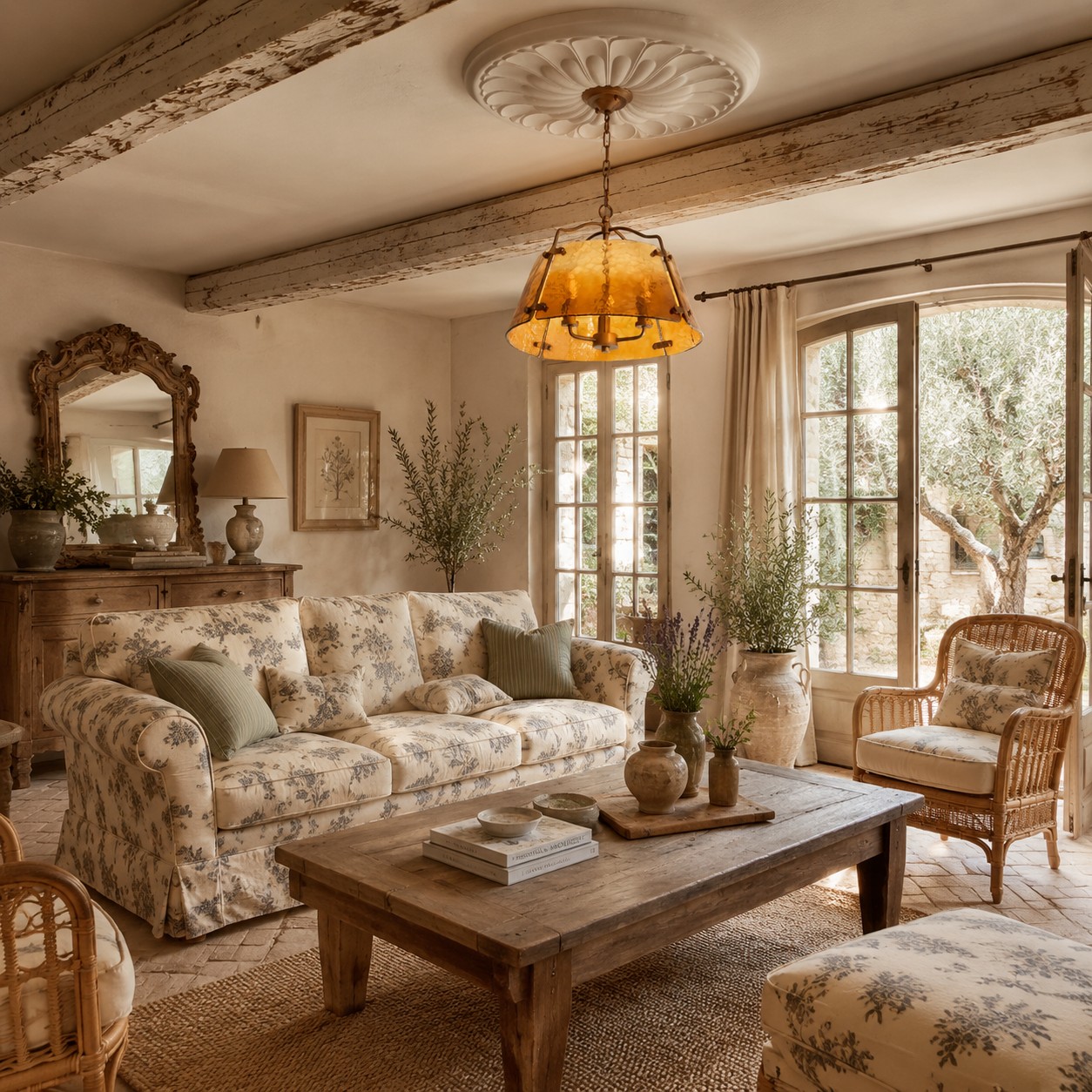 Amber glass pendant chandelier in a daylight living room