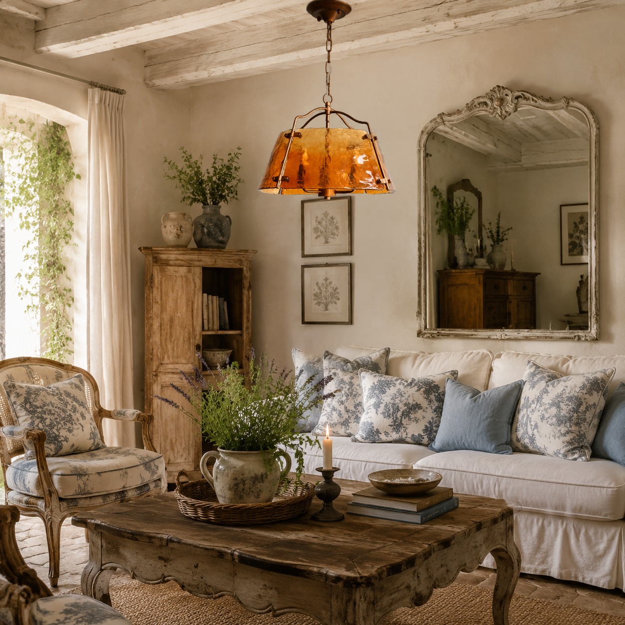 Amber glass pendant chandelier in a French country room