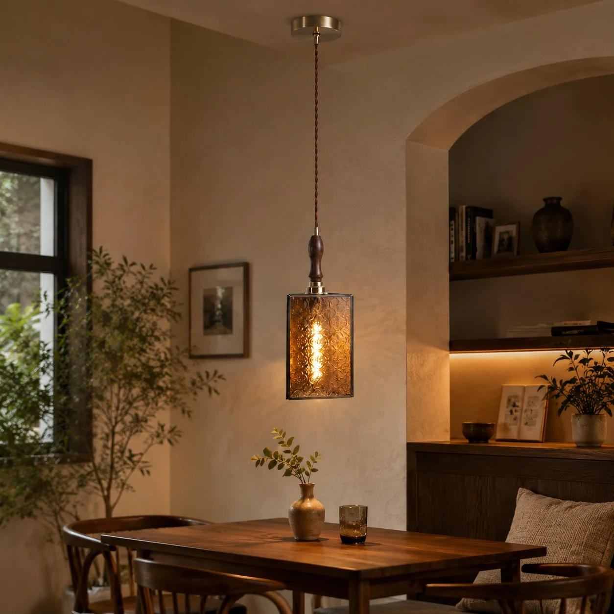 Amber glass pendant installed in a vintage dining room