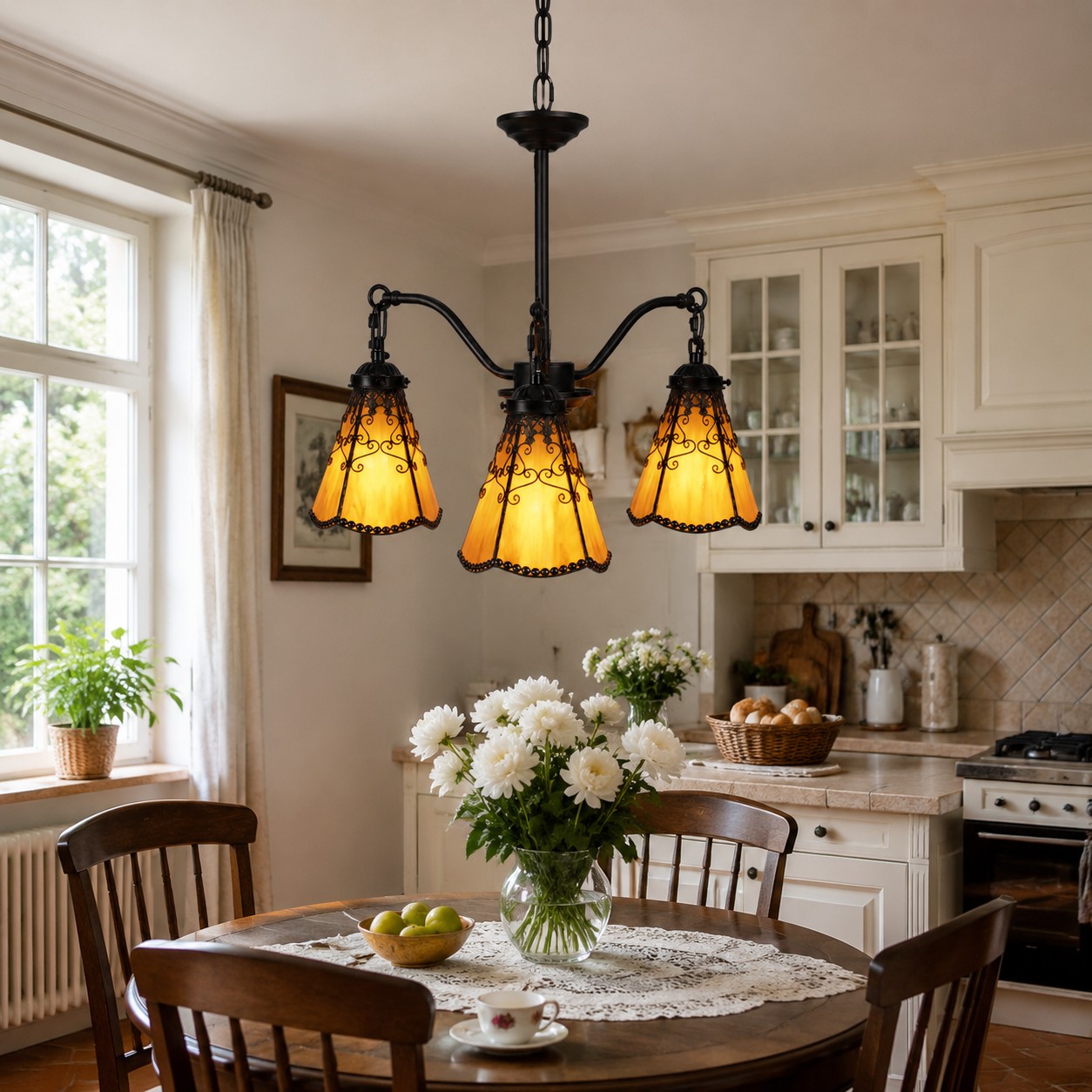 Orange red chandelier in a dining room