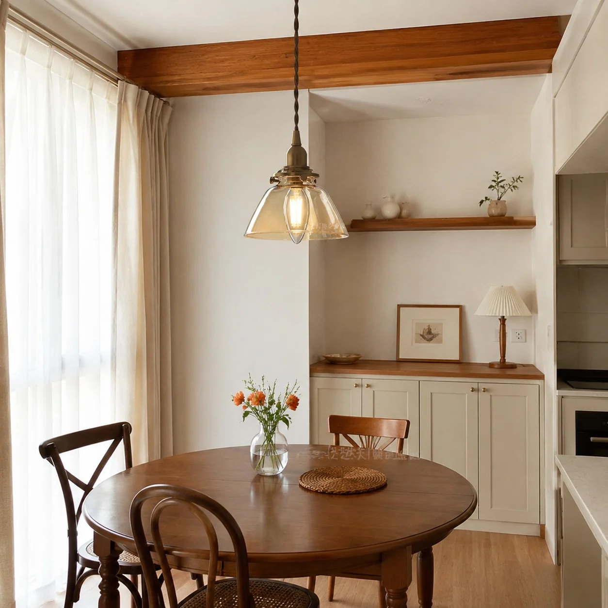 Pendant lamp over a dining nook