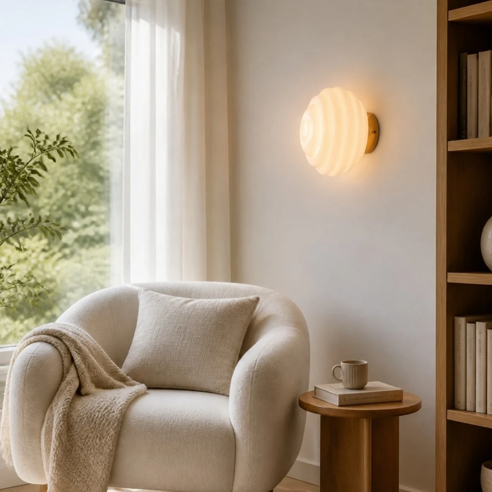 Cream ribbed glass wall lamp beside a lounge chair