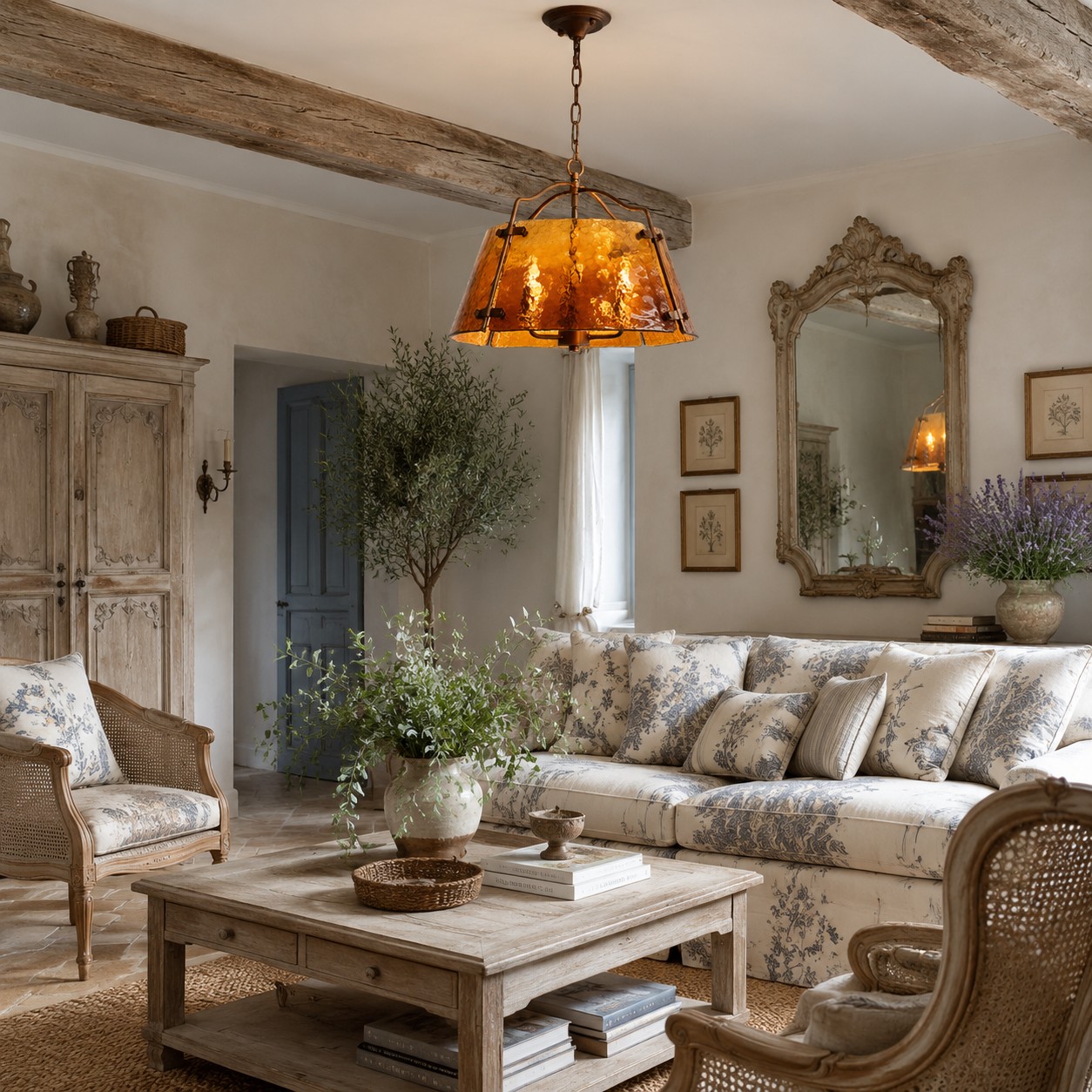 Amber glass pendant chandelier lit in a living room