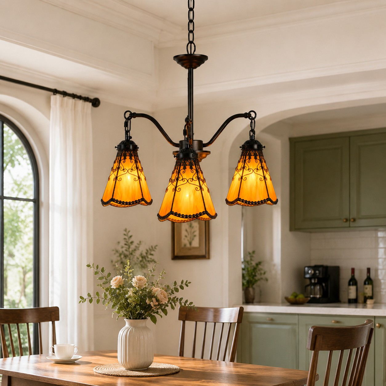 Orange red chandelier in a kitchen dining space
