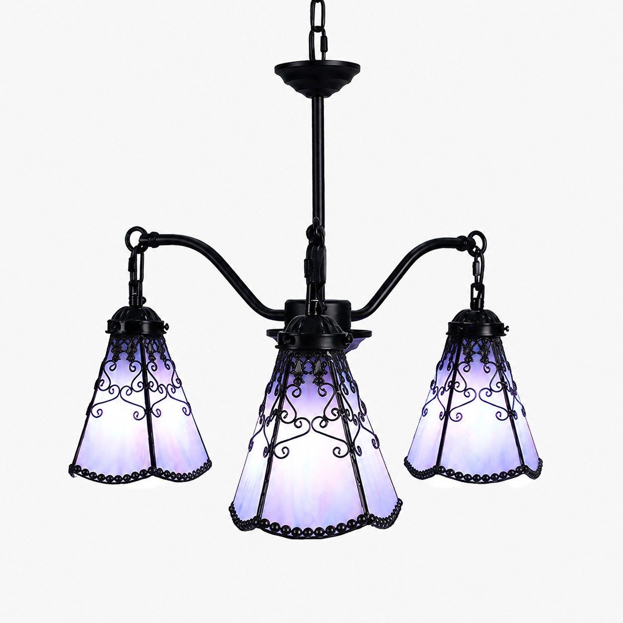 Blue purple Tiffany-style three light chandelier