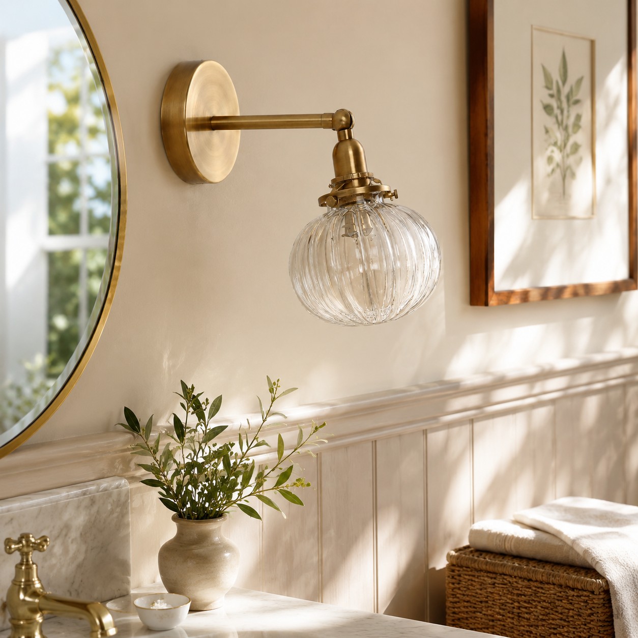 Antique brass ribbed glass sconce beside a mirror
