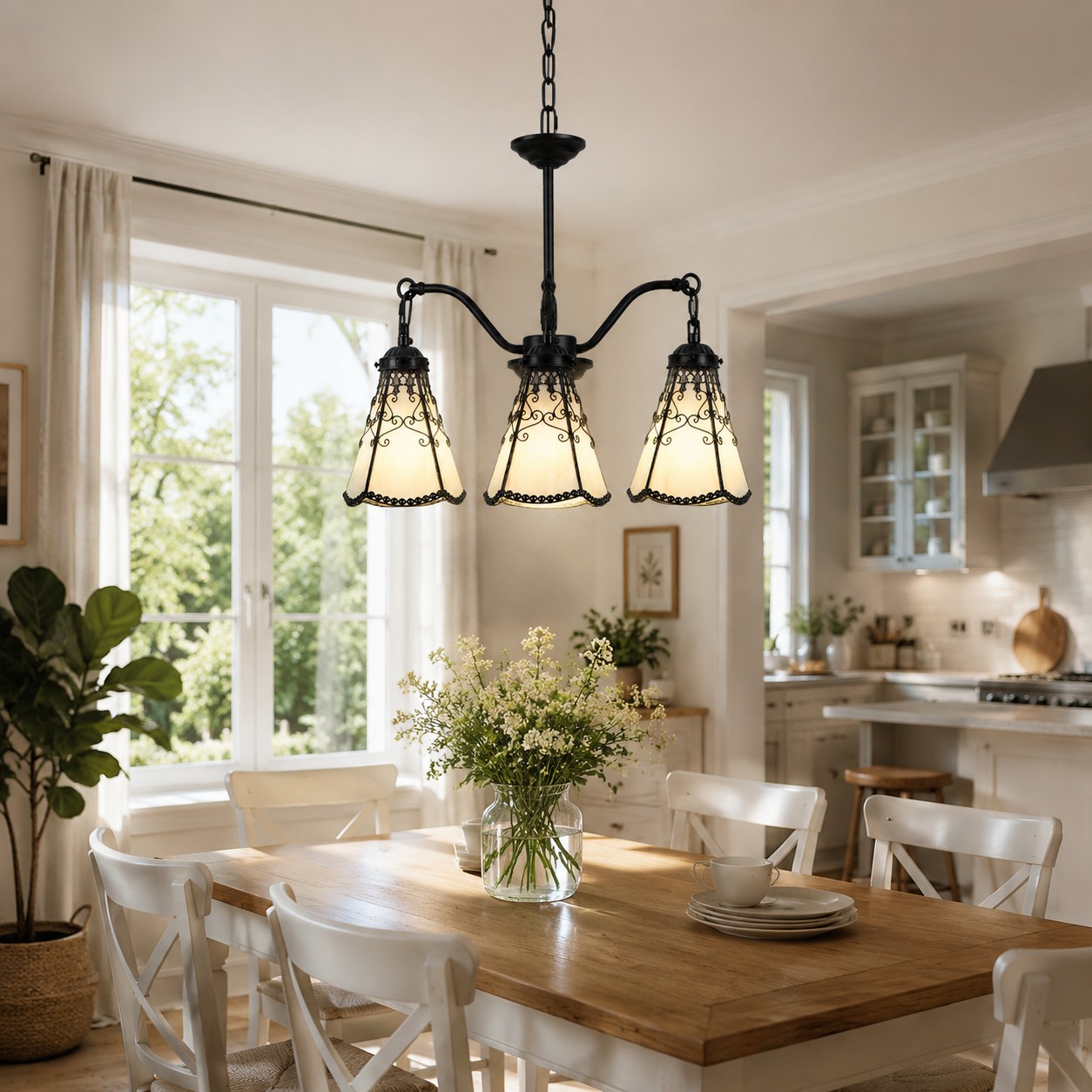 Light yellow chandelier over a dining table