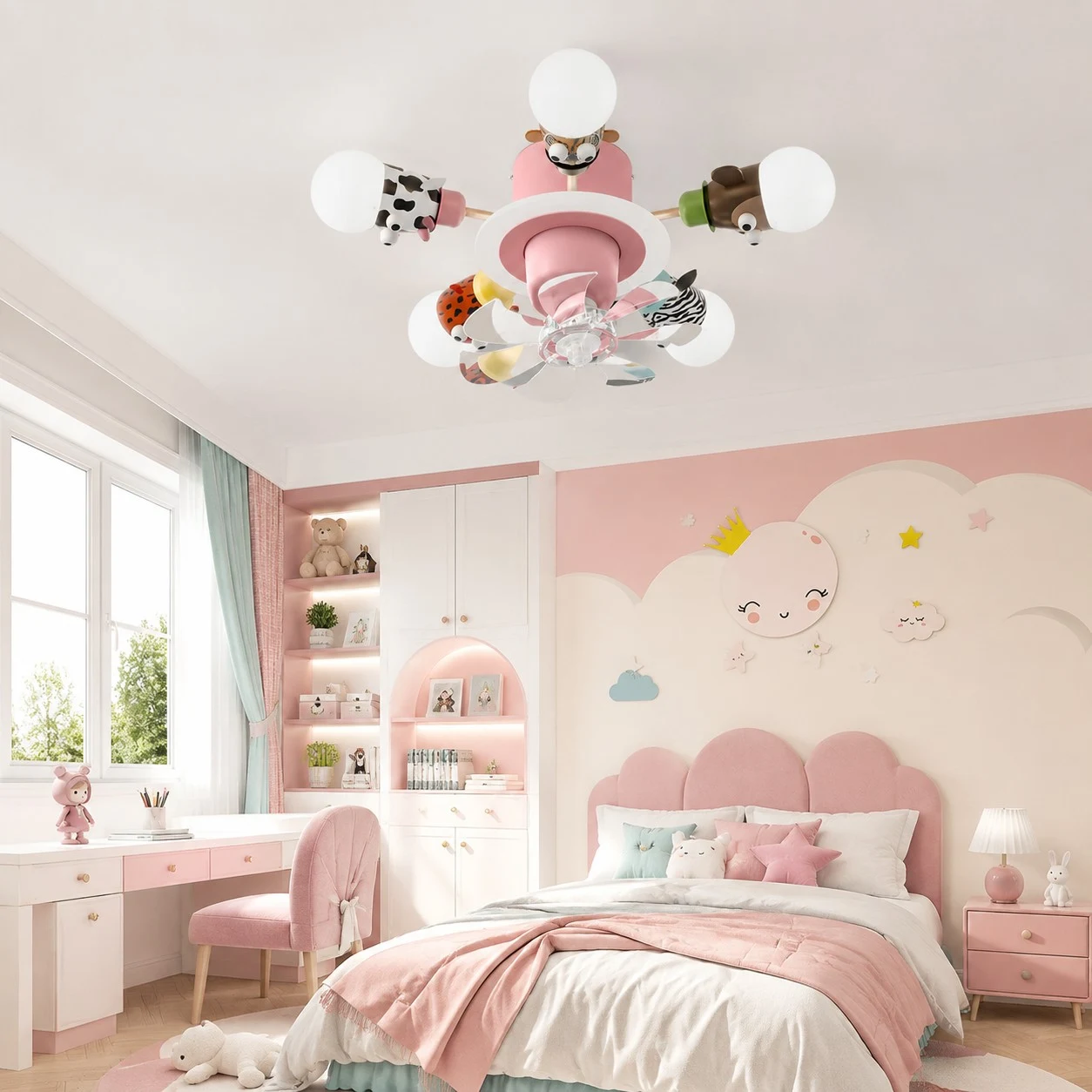 Pink kids animal ceiling fan light in a child bedroom