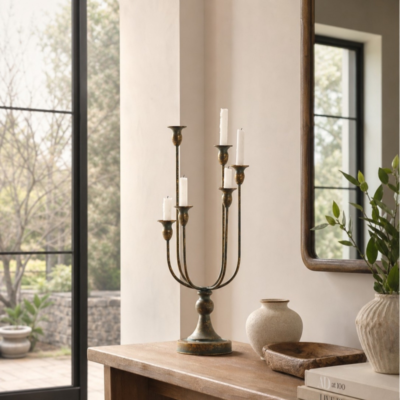 candle holder on a wooden console