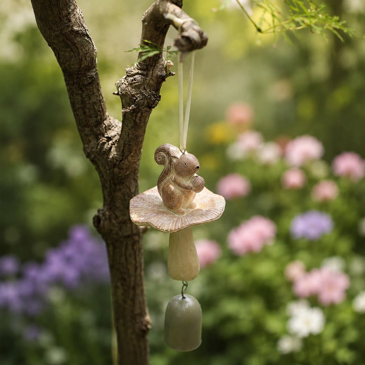 Warm ivory squirrel wind chime hanging in a garden setting
