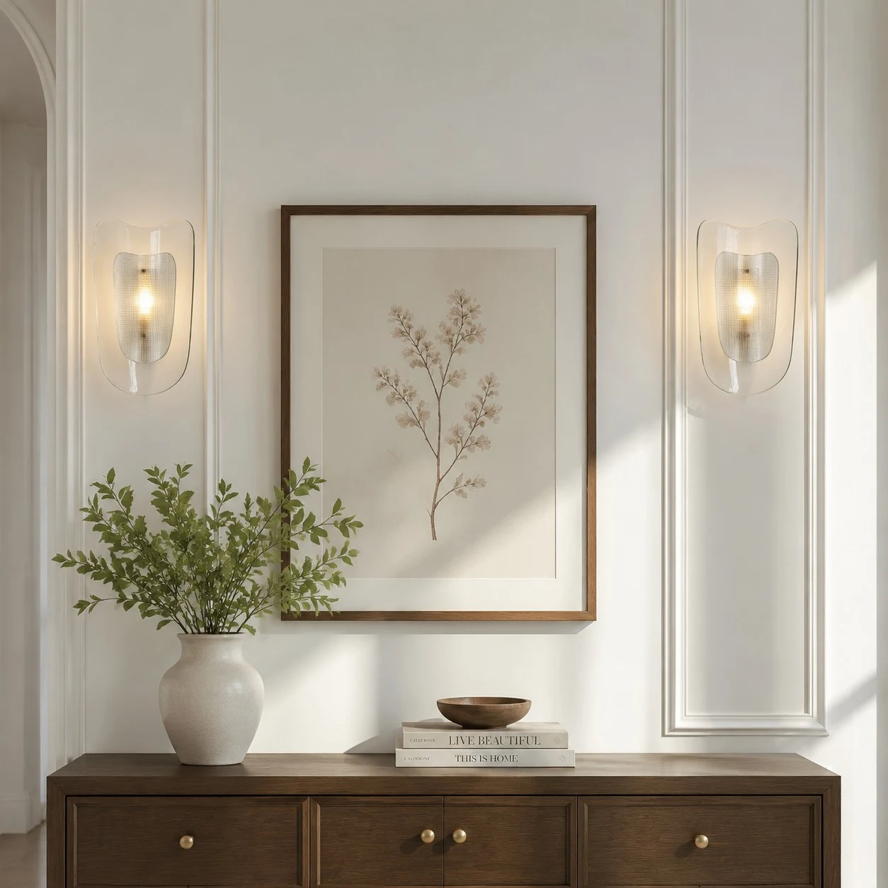 Clear glass wall sconce shown beside framed wall art