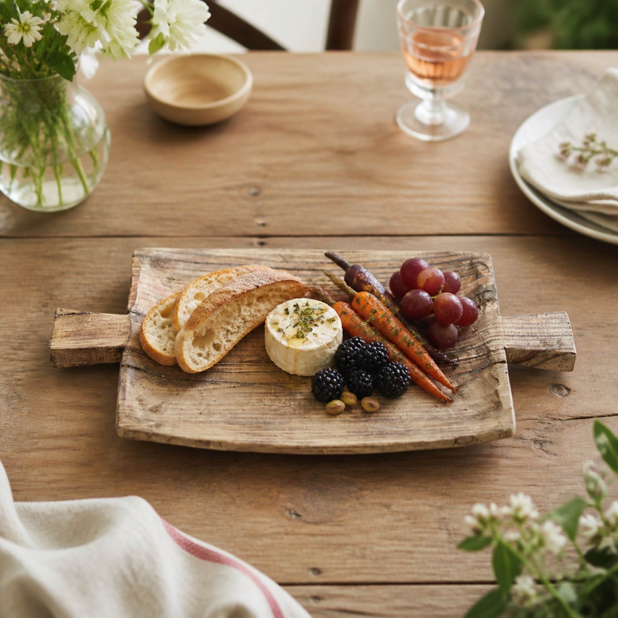 Rustic serving tray with bread fruit and cheese on table
