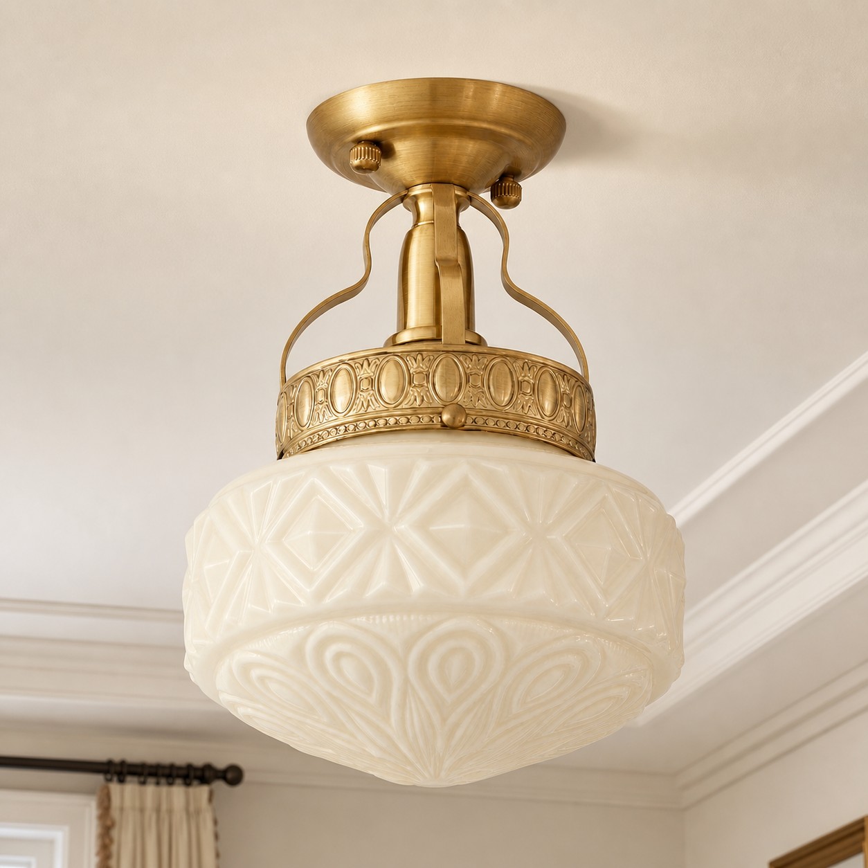 Beige embossed glass ceiling light in a softly furnished room