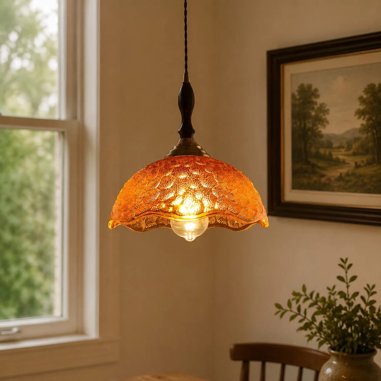 Amber scalloped glass pendant in dining nook