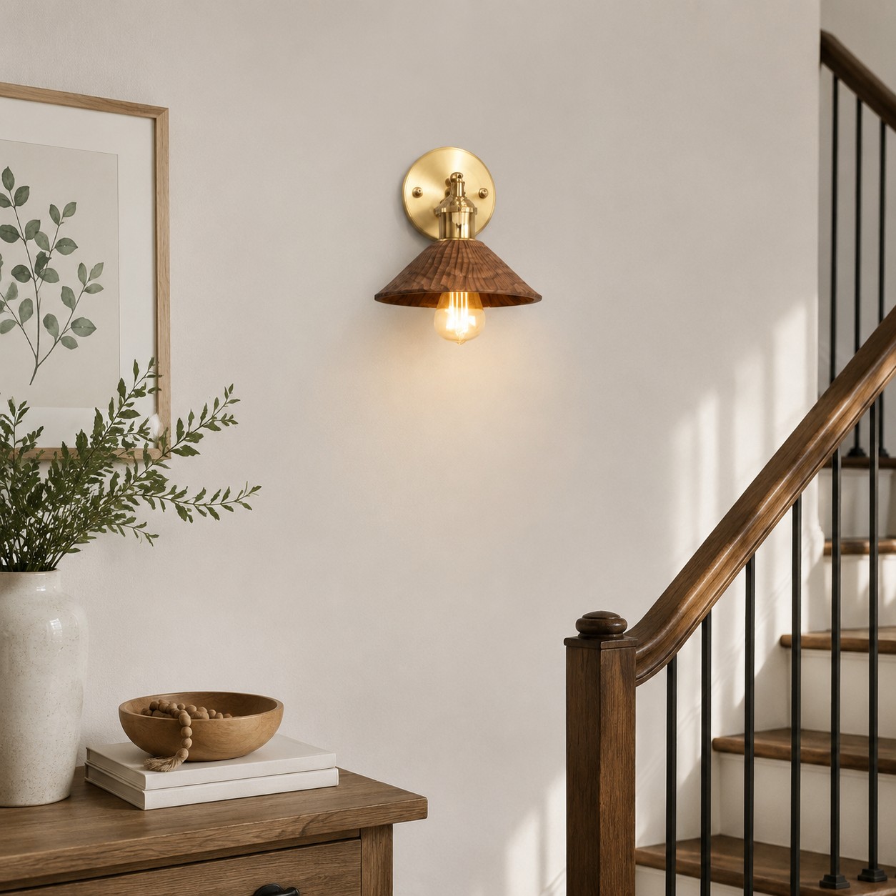 Compact wood and brass wall sconce beside a staircase