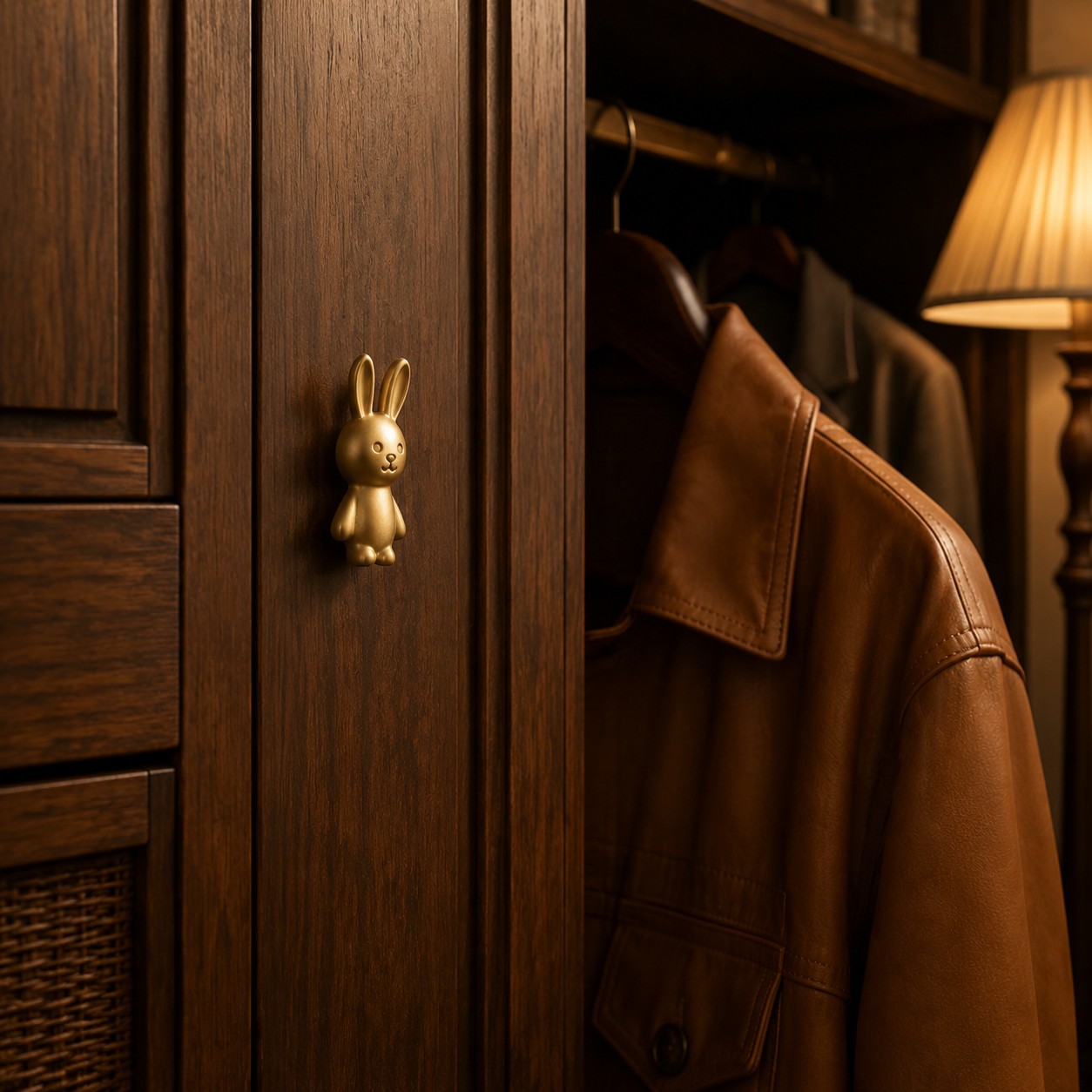 Brass rabbit cabinet knob on a wooden wardrobe door