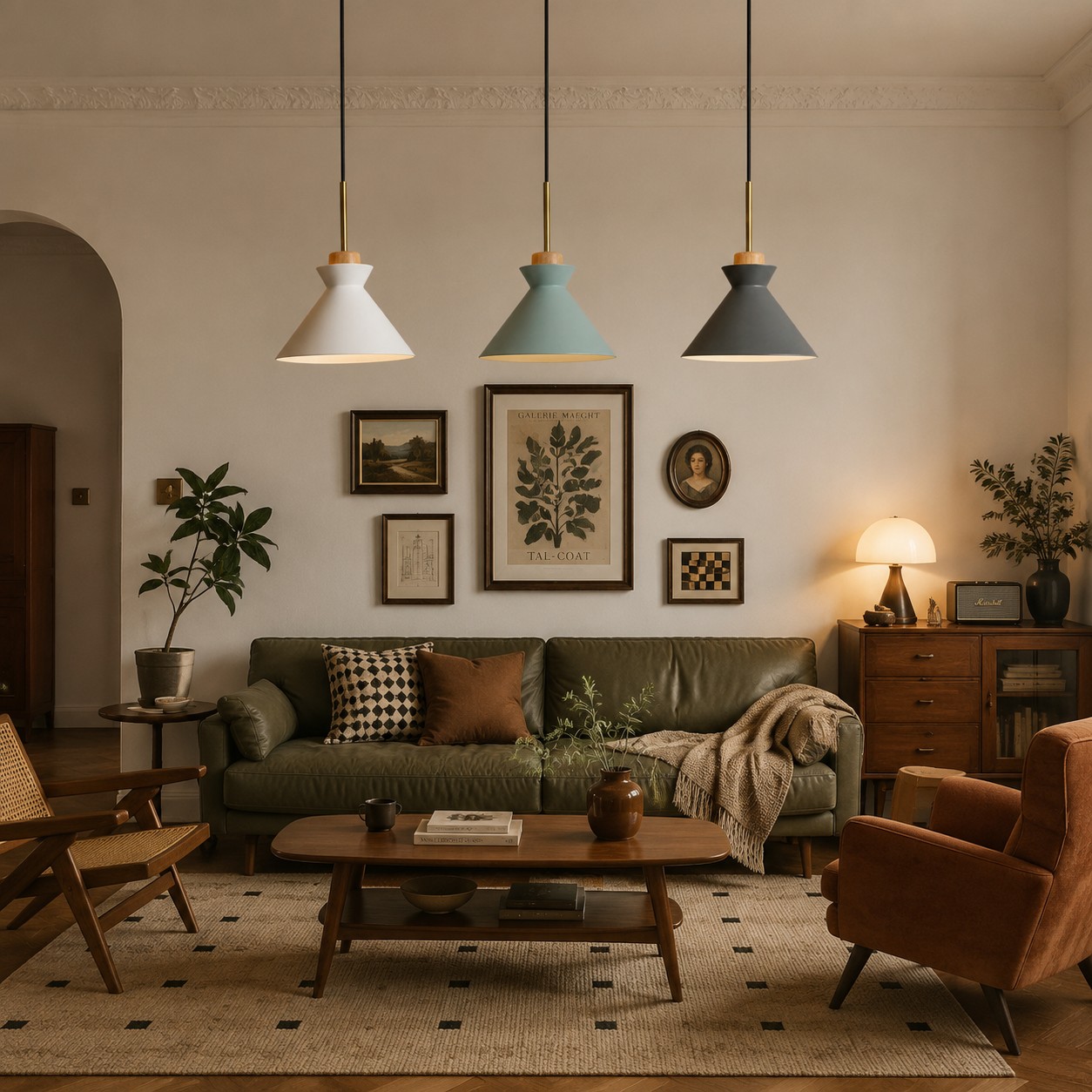 Close view of SPACE pendant lamp shade, cord, wood detail and warm glow