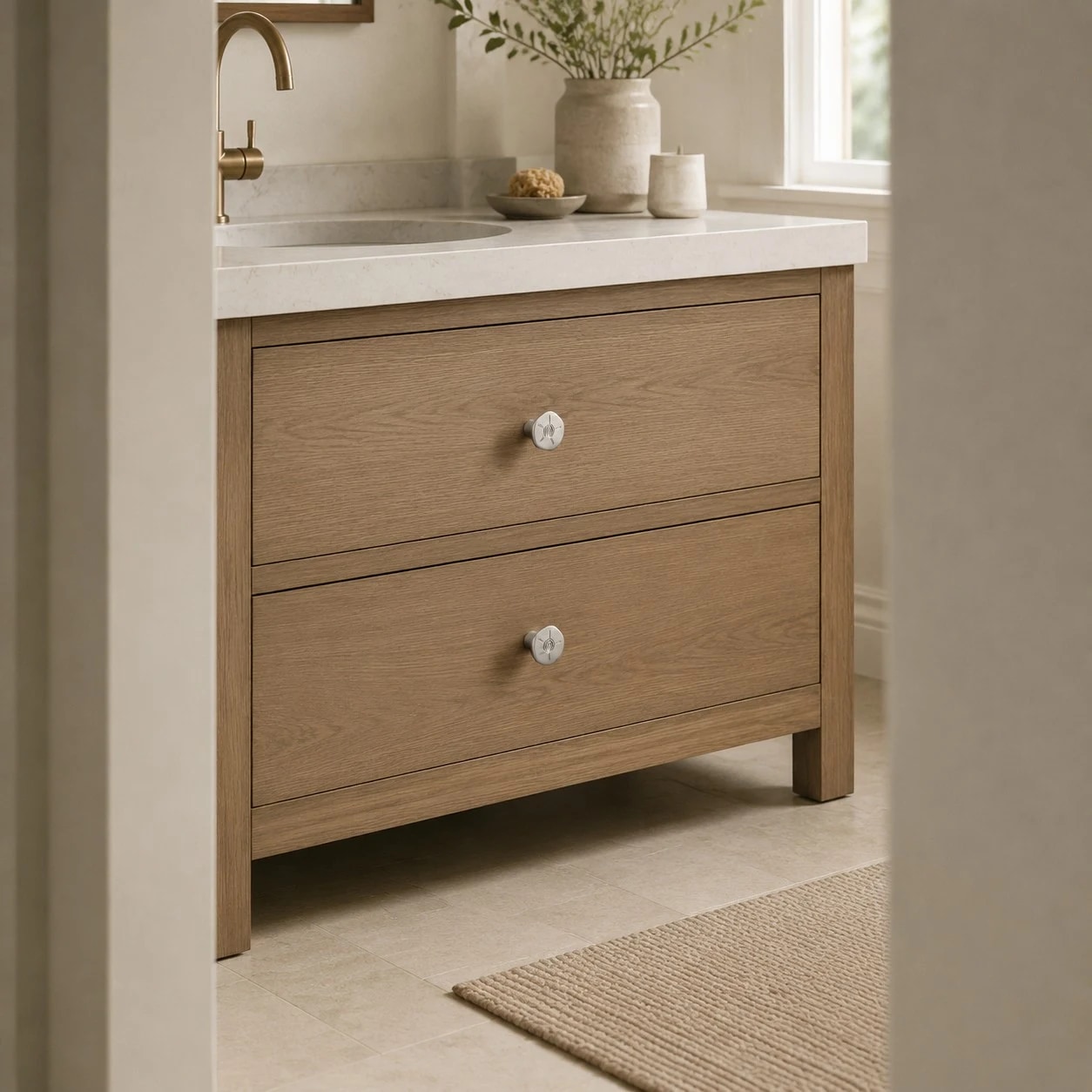 Titanium silver knobs on a natural wood vanity