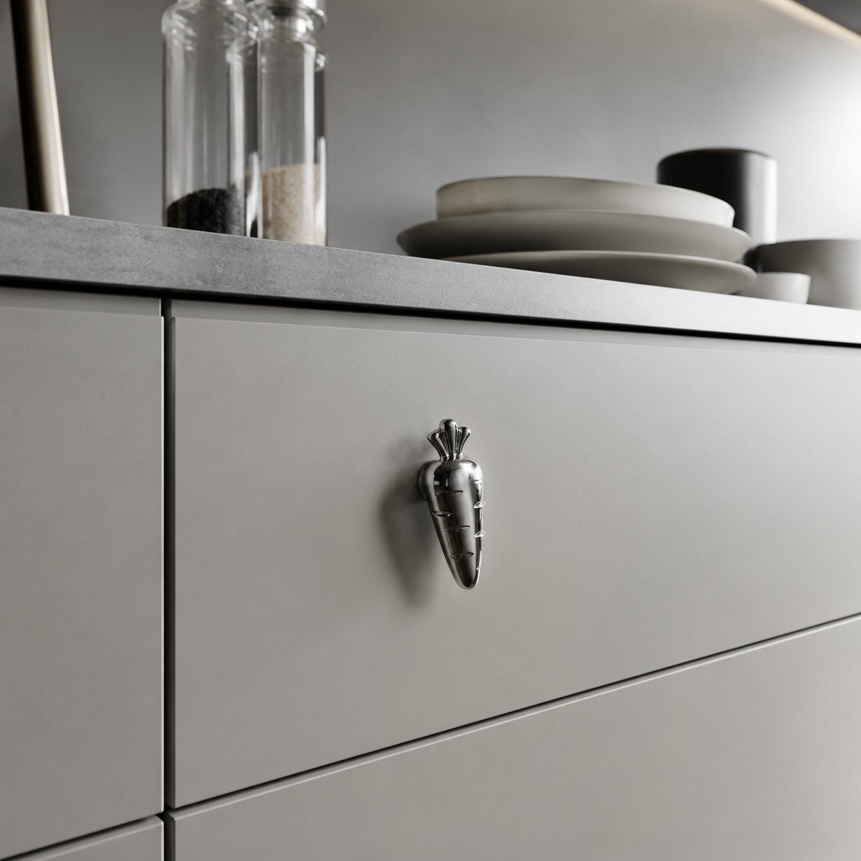 Chrome silver carrot knob on a gray drawer