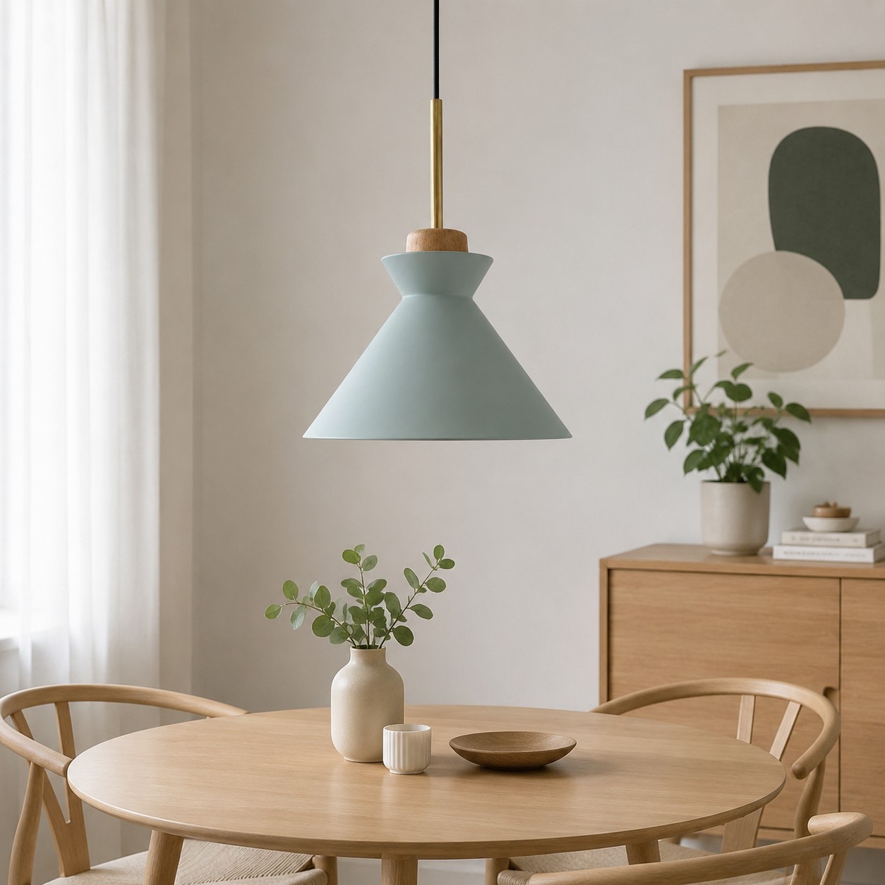Single white SPACE pendant lamp over a dining table in a bright interior