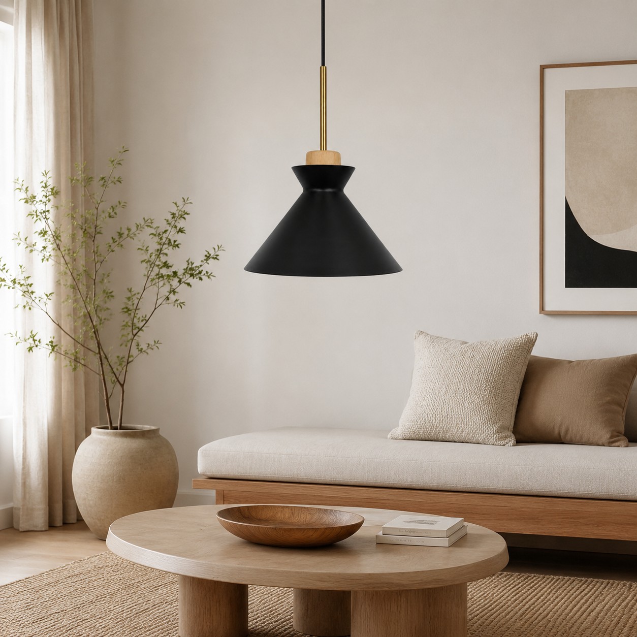 Two white SPACE pendant lamps in a living room side table scene