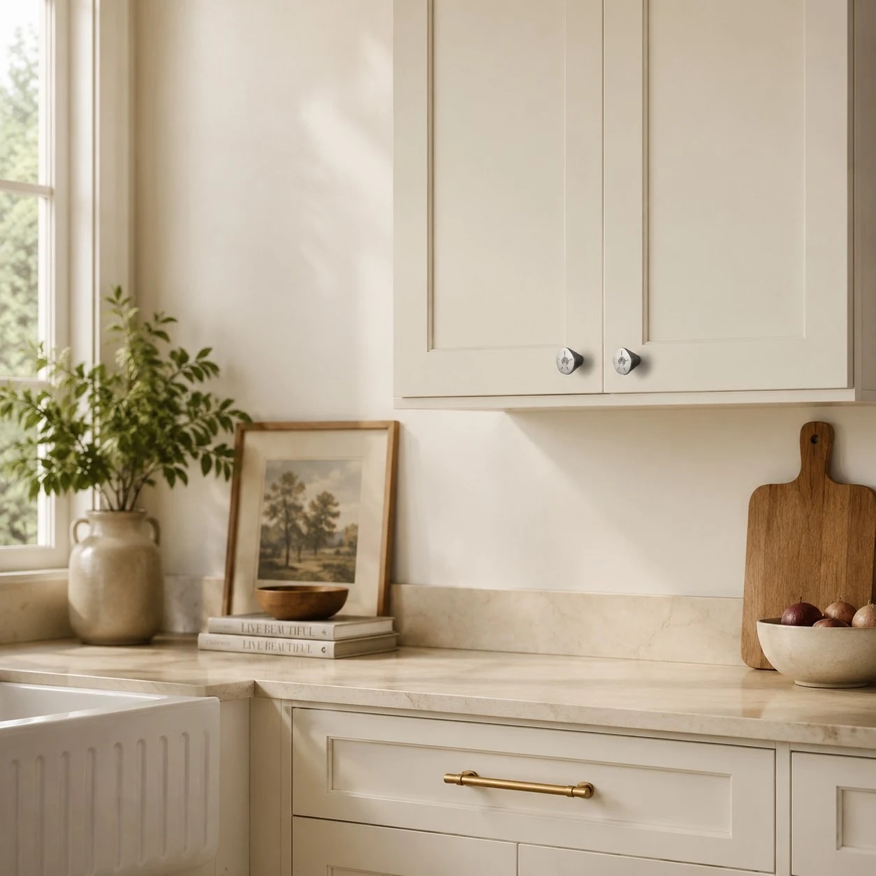 Titanium silver cabinet knobs in a light kitchen