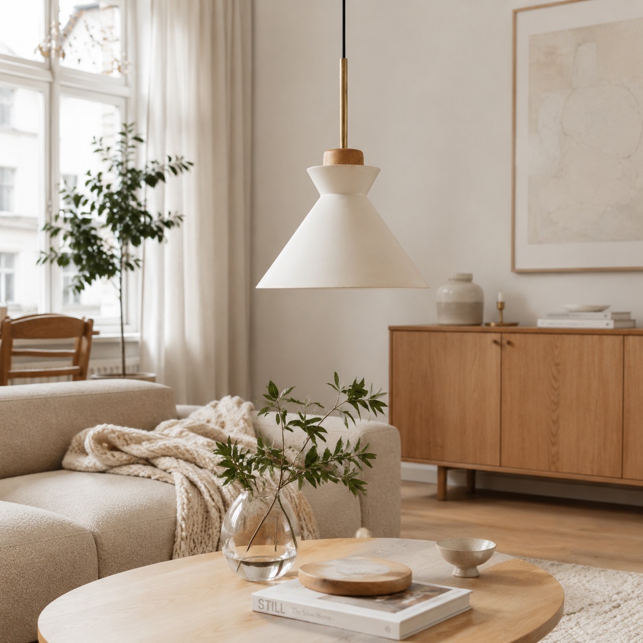 Three SPACE pendant lamps in a dining and living room setting