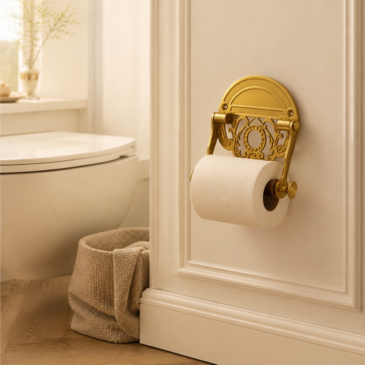 Antique brass toilet paper holder installed near a bathtub