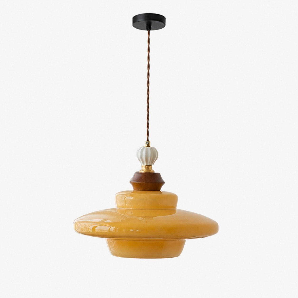 Caramel yellow Bauhaus glass pendant light with wood accent