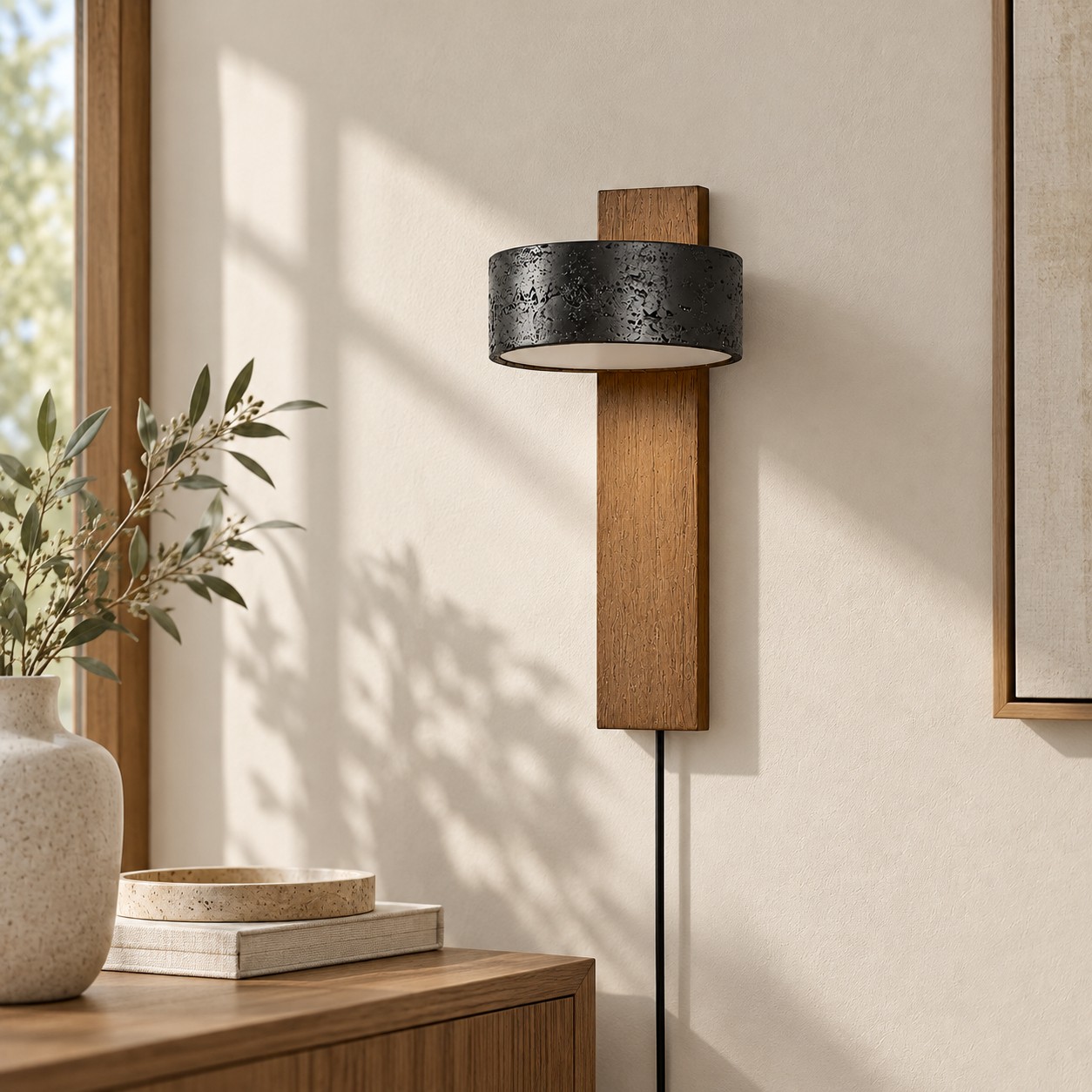 Walnut and black travertine wall sconce above a dining table