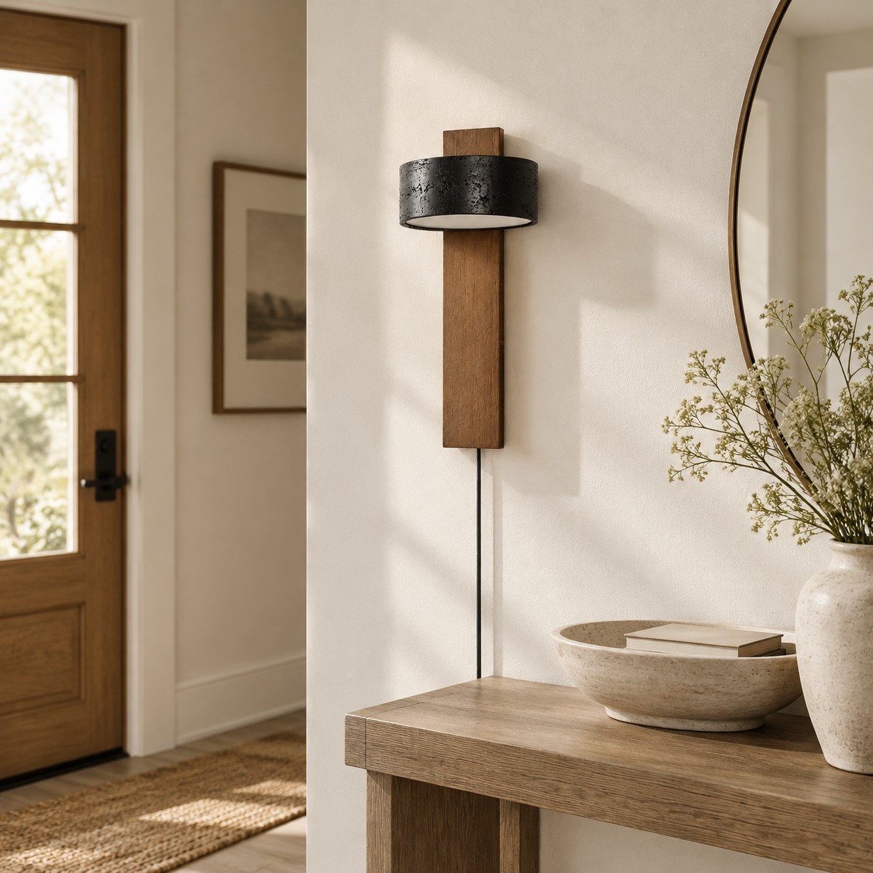 Walnut and black travertine wall sconce above a nightstand