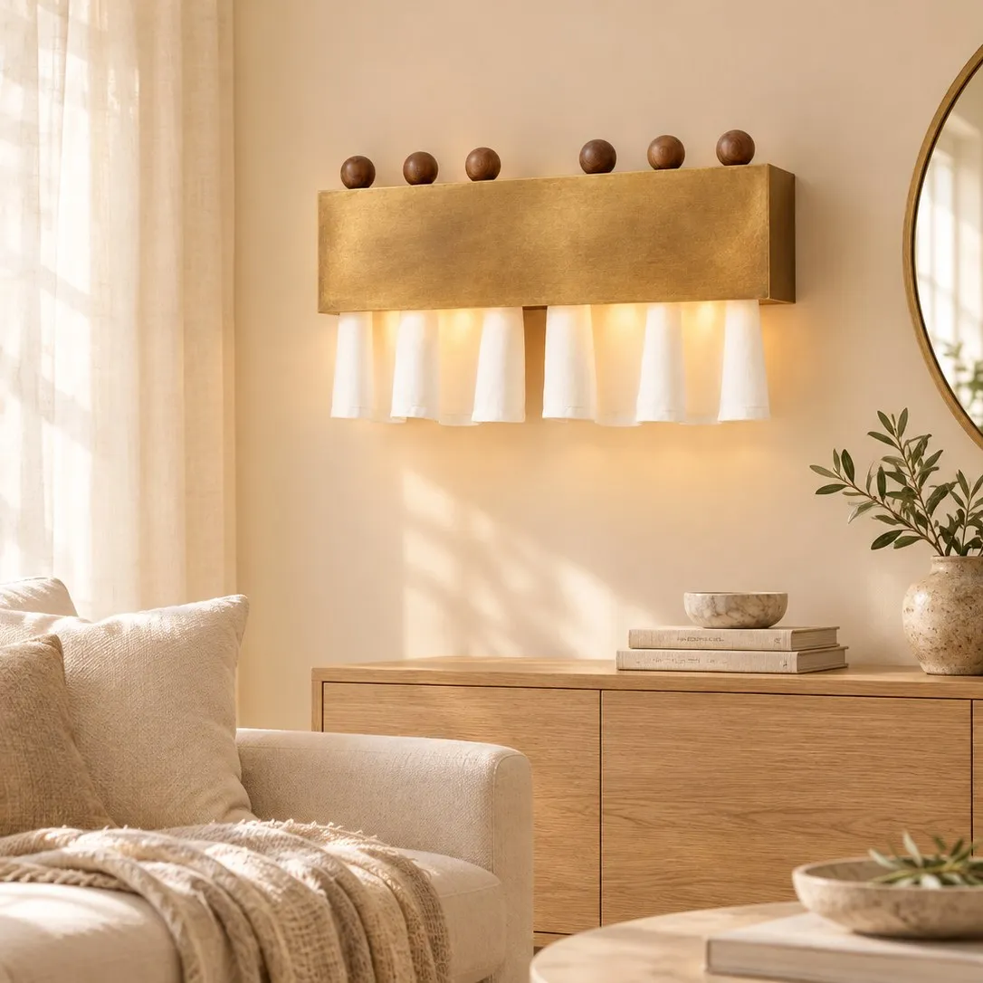 Natural brass curtain wall lamp in a bright living room