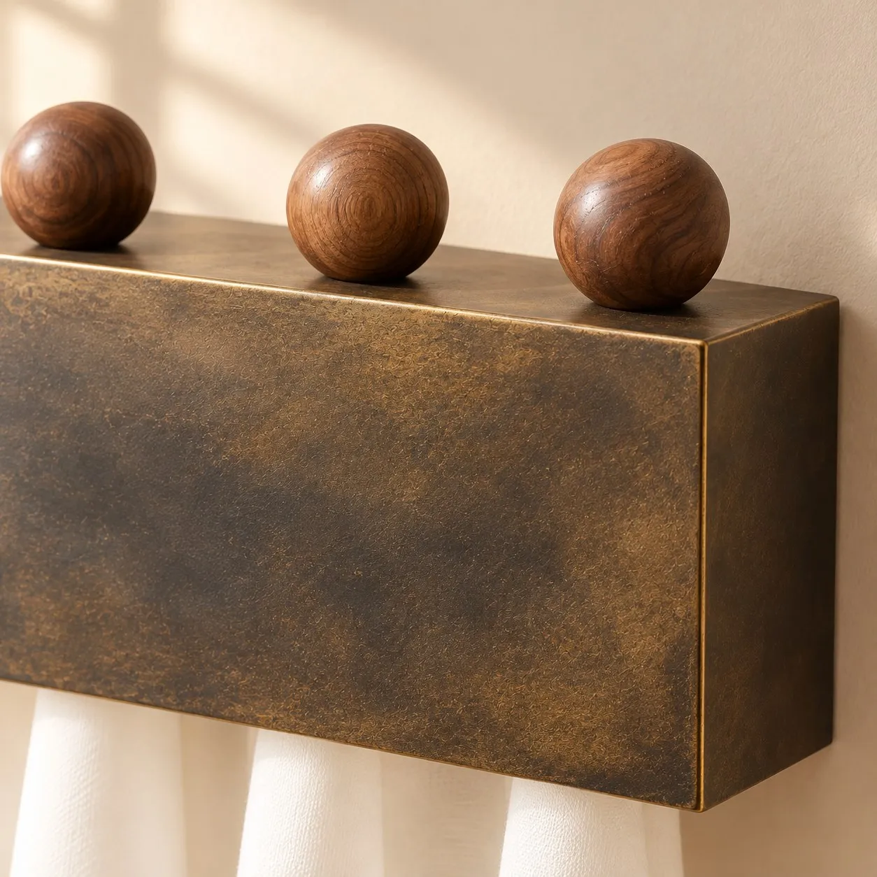 Dark antique bronze housing and wooden spheres detail