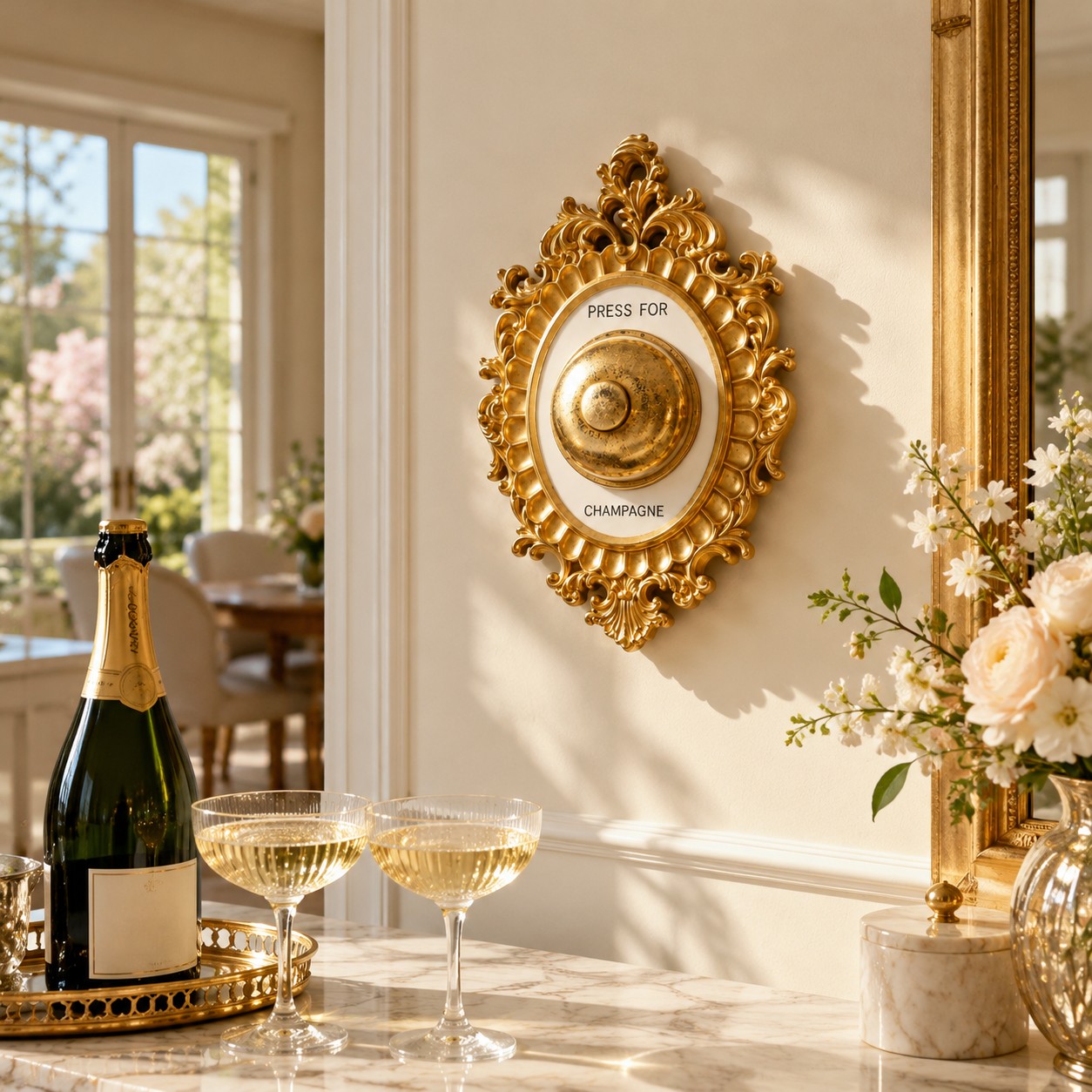 Gilt ivory wall bell in a dining room