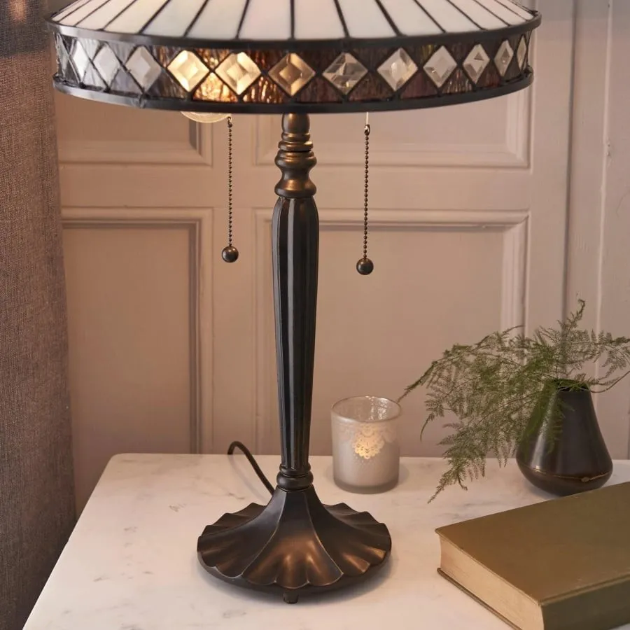TF Fargo Geometric Tiffany Style Lamp - Amber and Cream Glass Accent Lighting for Bedroom or Study T643